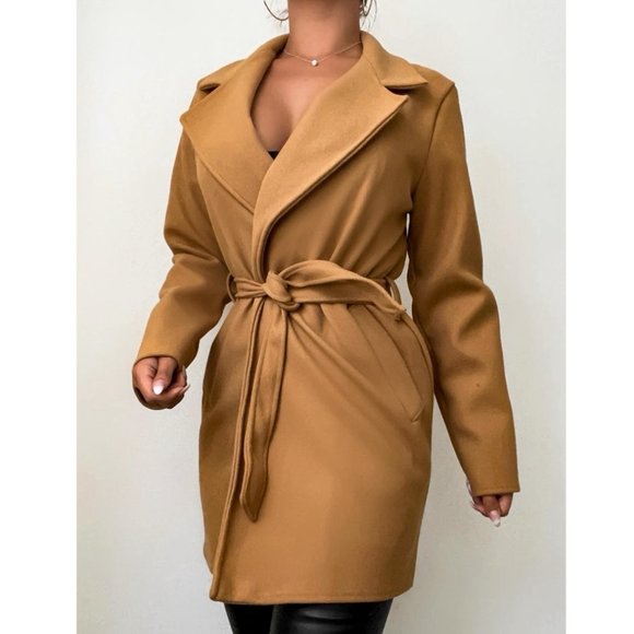 Camel Wool Blend Long Sleeve Belted Coat - Picture 3 of 11